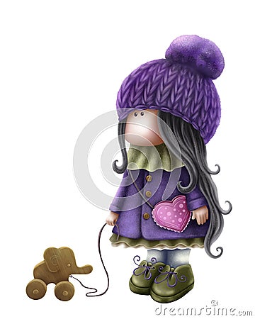 Cute doll with elethant toy Cartoon Illustration