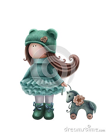 Cute doll with horse toy Cartoon Illustration