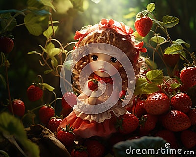 cute doll in a strawberry tree. Cartoon Illustration