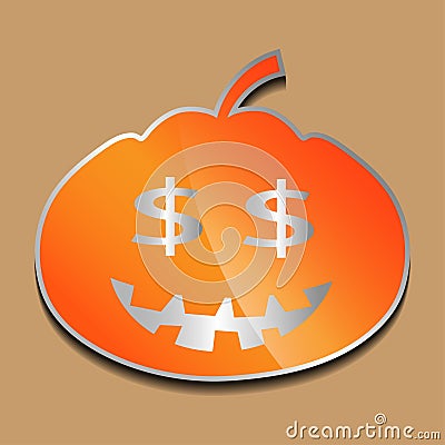 Cute dollar sign orange pumpkin sticker on a colored background. Vector Illustration