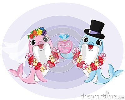 Cute Dolphins Couple Love Valentine Day Vector Illustration Vector Illustration