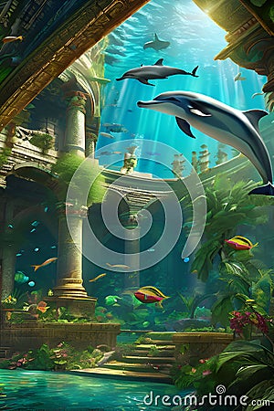 The cute dolphins with the fabled lost city of atlantis, beautiful ocean, ancient architecture, dramatic lighting, fantasy, dreamy Stock Photo