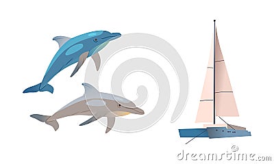Cute dolphins and yacht. Marine symbols set cartoon vector illustration Vector Illustration