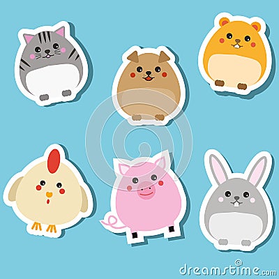 Cute domestic animals. Stickers set. Vector illustration. Cat, rabbit, puppy, pig, hamster Vector Illustration