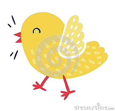 Cute domestic bird yellow joyful cheerful chick character, little bird tweet isolated on white, flat vector illustration Vector Illustration