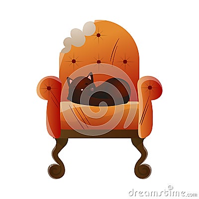 Cute domestic brown cat character slipping on the soft red armchair. Vector illustration in flat cartoon style Vector Illustration