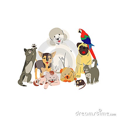Cute domestic pets group portrait. Cartoon Illustration