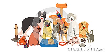 Cute domestic pets group portrait with pets stuff. Cartoon Illustration