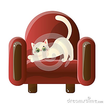 Cute domestic white cat character tears claws on the soft red armchair. Vector illustration in flat cartoon style Vector Illustration