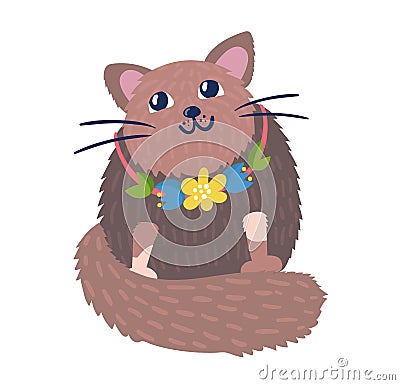 Cute domestic woolly pleased cat character resting in spring flower necklace isolated on white, flat vector illustration Vector Illustration