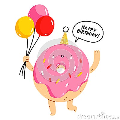 Cute donut character with balloons, happy birthday vector illustration Vector Illustration
