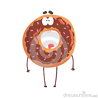 Cute donut character with chocolate glazing, cartoon funny dessert character vector Illustration Vector Illustration