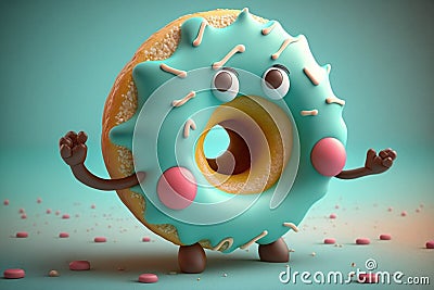 Cute donut with icing and eyes. Generative AI Cartoon Illustration