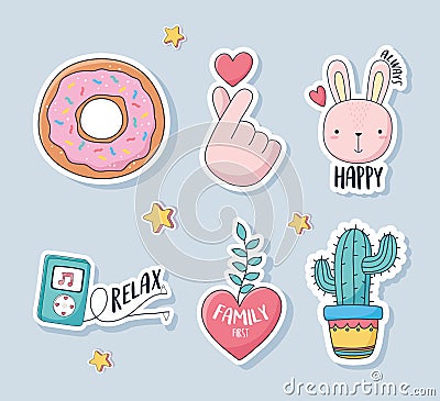 Cute donut rabbit heart cactus mp3 music love stuff for cards stickers or patches decoration cartoon Vector Illustration