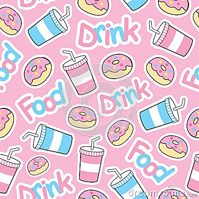 Cute donut seamless pattern with soft drink on pink background Stock Photo