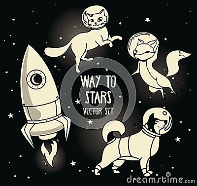 Cute doodle animal-astronauts and retro style rocket floating in space Vector Illustration