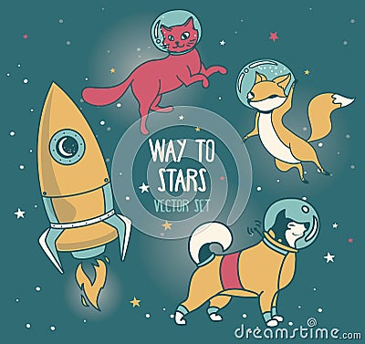 Cute doodle animal-astronauts and retro style rocket floating in space Vector Illustration