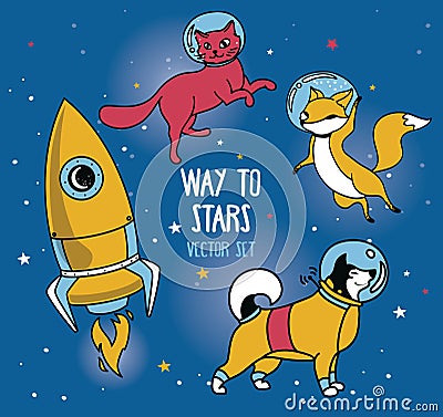 Cute doodle animal-astronauts and retro style rocket floating in space Vector Illustration