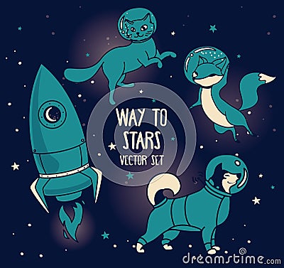 Cute doodle animal-astronauts and retro style rocket floating in space Vector Illustration