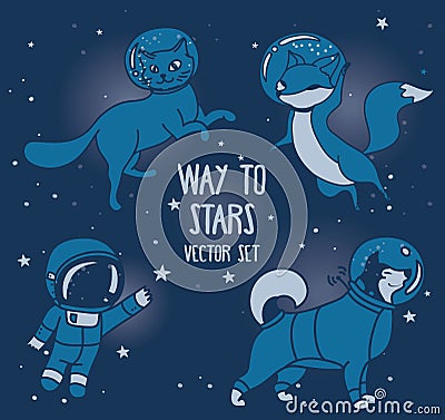 Cute doodle astronaut and animal-astronauts and retro style rocket floating in space Vector Illustration