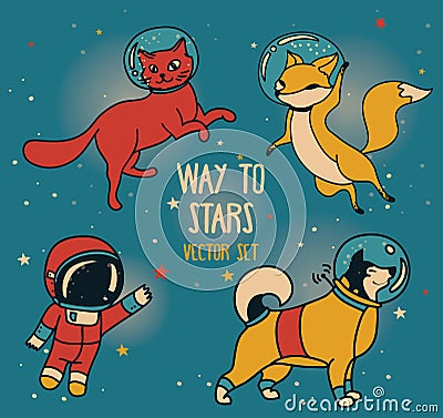 Cute doodle astronaut and animal-astronauts and retro style rocket floating in space Vector Illustration