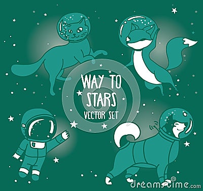 Cute doodle astronaut and animal-astronauts and retro style rocket floating in space Vector Illustration
