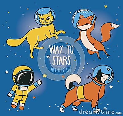 Cute doodle astronaut and animal-astronauts and retro style rocket floating in space Vector Illustration