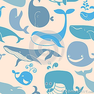 Cute doodle Blue Whales. Marine seamless background. Vector Illustration