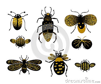 Cute doodle bugs and moth vector black and gold illustration. Cartoon kids summer collection childish characters insect Vector Illustration