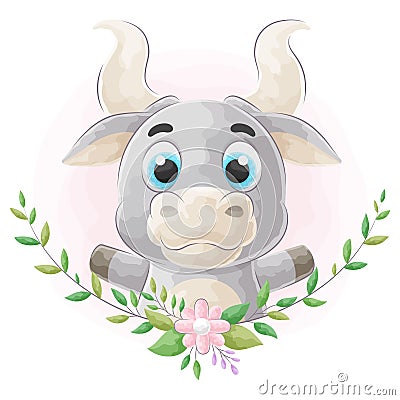 Cute doodle bull with watercolor illustration Cartoon Illustration