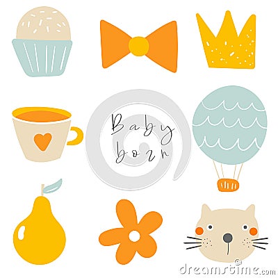 Cute doodle card, postcard, tag, poster with bow, cat, cupcake, crown, cup of tea, air balloon, pear, flower, cat Vector Illustration