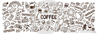 Cute doodle cartoon coffee shop icons. vector outline hand drawn for coffee and bakery for cafe menu, including supply item Vector Illustration