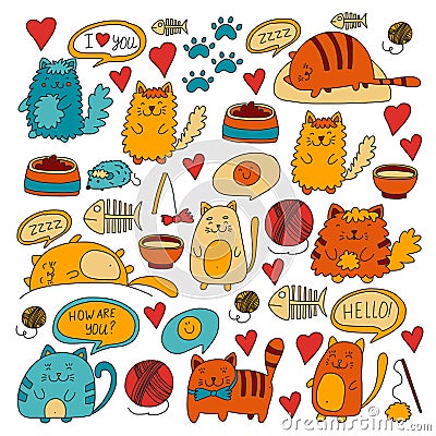 Cute doodle cats, kitty Domestic cats Vector sets with cute kittens for pet shop, cattery, veterinary clinic Doodle Vector Illustration
