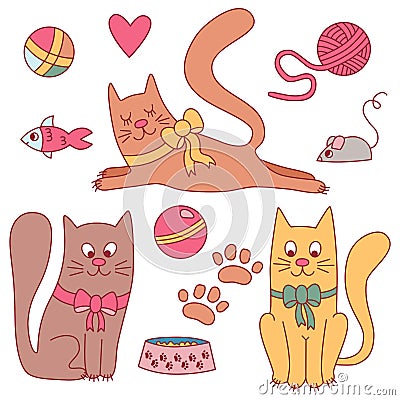 Cute doodle cats with toys vector set Vector Illustration