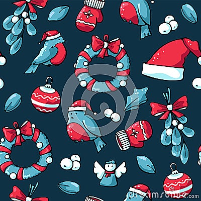 Cute doodle christmas pattern. Vector hand drawn illustration of Santa hat, angel, mittens, bullfinch, wreath, mistletoe Vector Illustration