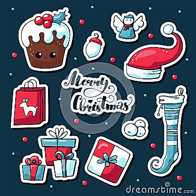 Cute doodle Christmas stickers in cartoon style. Vector hand drawn images of Christmas cake, deer, gift, sweets, angel Vector Illustration