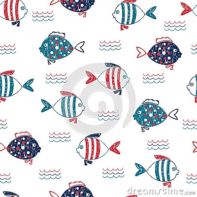 Cute doodle fish seamless pattern. Vector Illustration