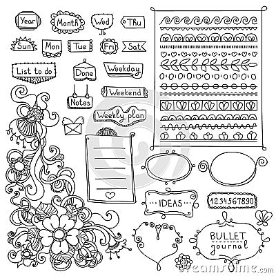 Cute doodle floral elements for planner or diary Vector Illustration