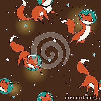 Cute doodle fox-astronauts floating in space Vector Illustration