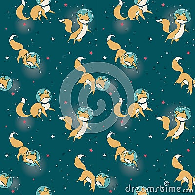 Cute doodle fox-astronauts floating in space Vector Illustration