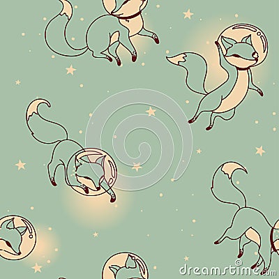 Cute doodle fox-astronauts floating in space Vector Illustration