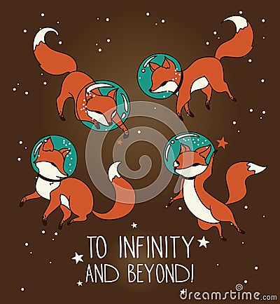 Cute doodle fox-astronauts floating in space Vector Illustration