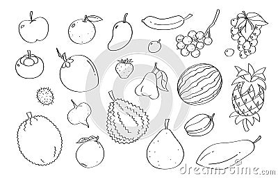 Cute doodle fruit cartoon icons and objects. Vector Illustration