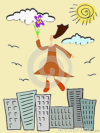 Cute doodle girl flying above the city with a bright flower in her hand Vector Illustration