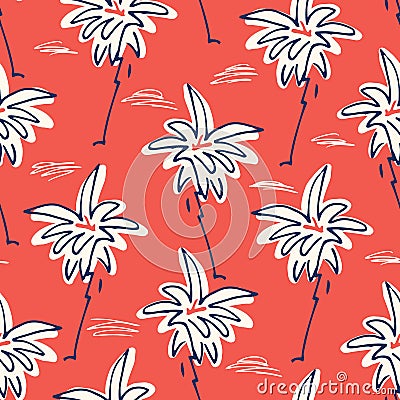 Cute Doodle Hand Drawn Palms Hawaiian Beach Shirt Vector Seamless Pattern on Red Background Vector Illustration