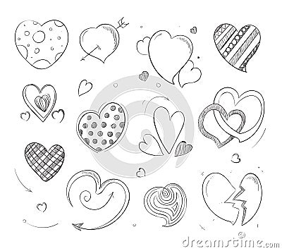 Cute doodle hearts, love pencil drawn vector symbols Vector Illustration