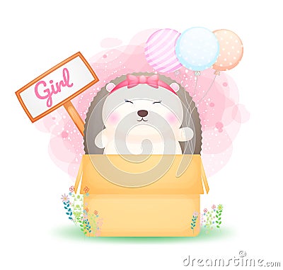 Cute doodle hedgehog girl holding balloons in the box cartoon character Premium Vector Vector Illustration