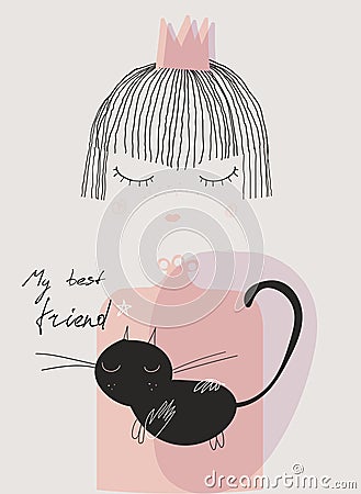 cute doodle little princess with black cat Vector Illustration