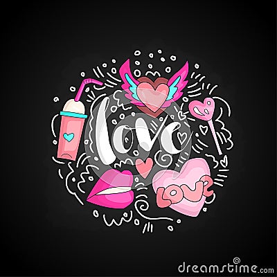 Cute doodle love text in round form colored. Cute fun vector love with winged heart, cocktail, lollipop, lips, hearts Vector Illustration