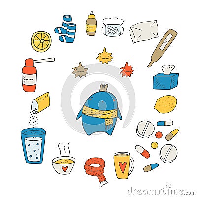 Cute doodle object about cold catch Vector Illustration